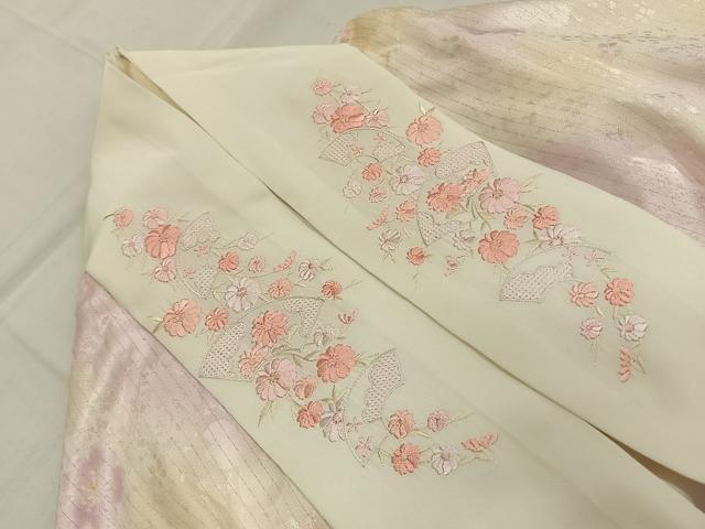 平和屋着物●振袖用長襦袢　袷　作家物　舞桜文　暈し染め　金糸　京都きもの友禅扱い　半衿刺繍　正絹　逸品　AABI1714fy