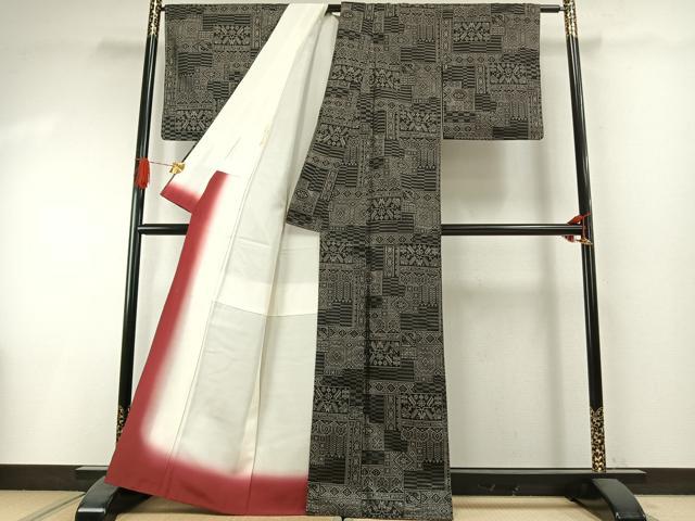 平和屋着物●お召　幾何学文様　正絹　逸品　AABI1721fy