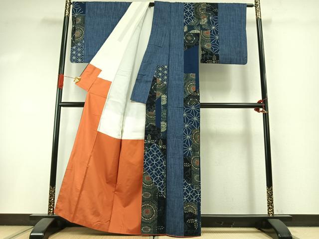平和屋着物●上質な紬　刺繍　刺子　切継　間道　正絹　逸品　AABI1722fy