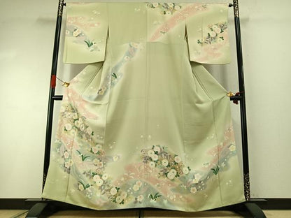 平和屋着物●訪問着　駒刺繍　草花文　暈し染め　金彩　正絹　逸品　AABI1724fy
