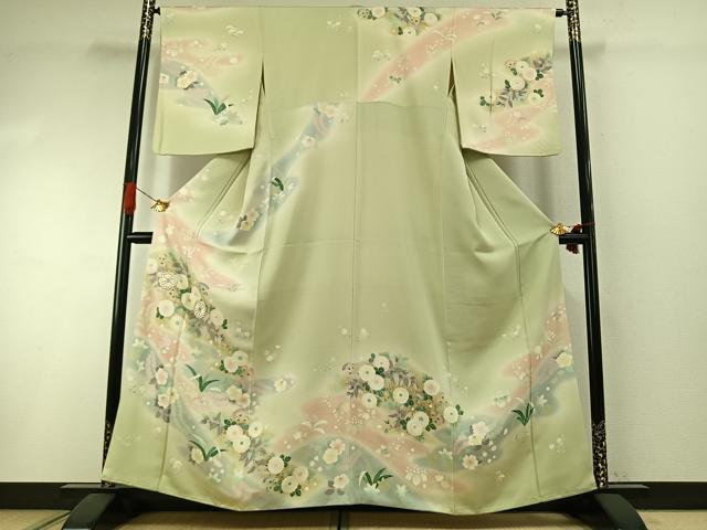 平和屋着物●訪問着　駒刺繍　草花文　暈し染め　金彩　正絹　逸品　AABI1724fy