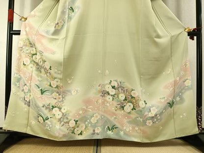 平和屋着物●訪問着　駒刺繍　草花文　暈し染め　金彩　正絹　逸品　AABI1724fy