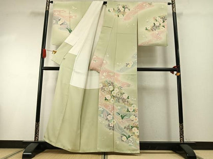 平和屋着物●訪問着　駒刺繍　草花文　暈し染め　金彩　正絹　逸品　AABI1724fy