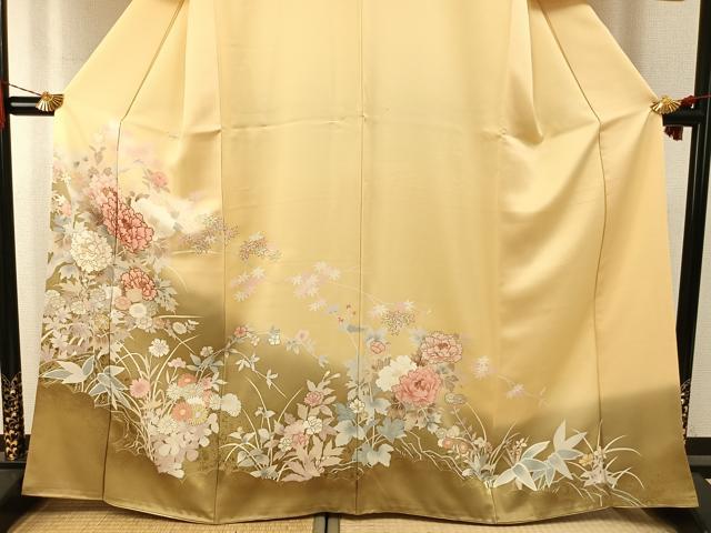 平和屋着物●訪問着　駒刺繍　草花文　暈し染め　金彩　正絹　逸品　AABI1725fy