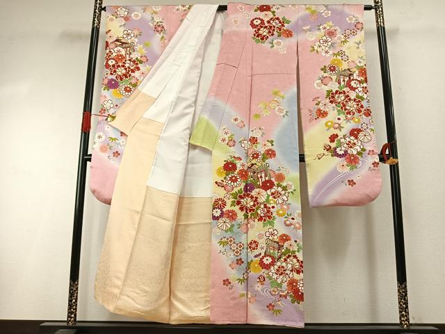 平和屋着物●豪華振袖　駒刺繍　御所車花文　暈し染め　金彩　正絹　逸品　AABI1729fy