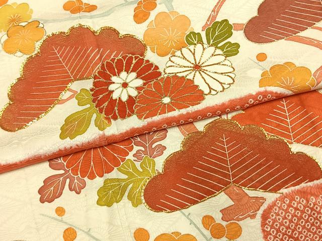 平和屋着物●豪華振袖　駒刺繍　枝梅松文　金銀彩　三越扱い　正絹　逸品　AABI1736fy