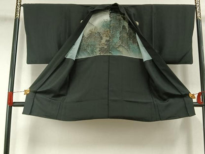 平和屋着物●男性　黒紋付　羽織セット　正絹　逸品　AABI1742fy