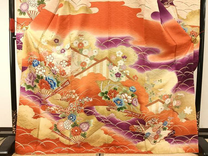 平和屋着物●豪華振袖　扇面花文　暈し染め　金彩　正絹　逸品　AABI1746fy