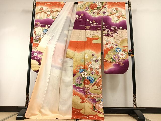 平和屋着物●豪華振袖　扇面花文　暈し染め　金彩　正絹　逸品　AABI1746fy