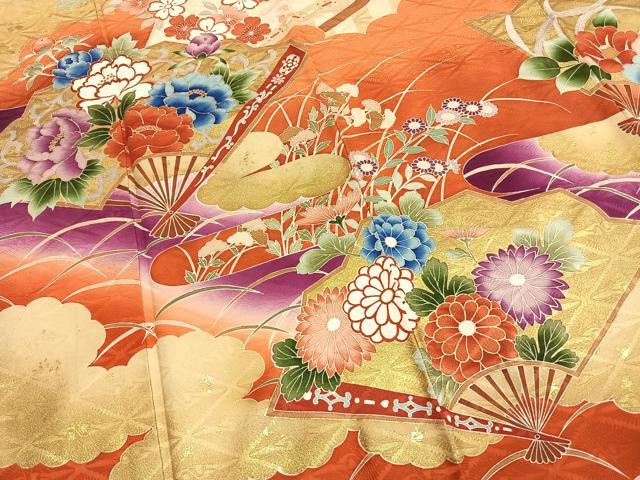 平和屋着物●豪華振袖　扇面花文　暈し染め　金彩　正絹　逸品　AABI1746fy