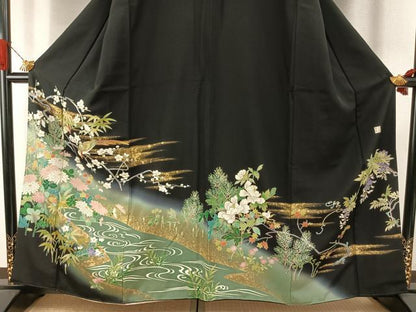 平和屋着物●高橋豊彦　黒留袖　友禅　刺繍　花鳥文　金彩　正絹　逸品　未使用　AABI1752fy