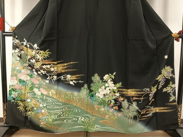 平和屋着物●高橋豊彦　黒留袖　友禅　刺繍　花鳥文　金彩　正絹　逸品　未使用　AABI1752fy