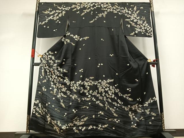 平和屋着物●訪問着　駒刺繍　萩文　黒地　金彩　正絹　逸品　AABI1753fy