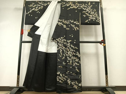 平和屋着物●訪問着　駒刺繍　萩文　黒地　金彩　正絹　逸品　AABI1753fy