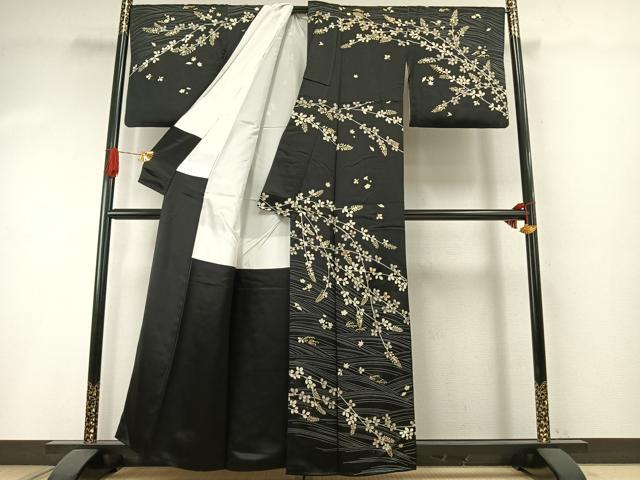 平和屋着物●訪問着　駒刺繍　萩文　黒地　金彩　正絹　逸品　AABI1753fy