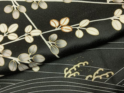 平和屋着物●訪問着　駒刺繍　萩文　黒地　金彩　正絹　逸品　AABI1753fy