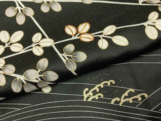 平和屋着物●訪問着　駒刺繍　萩文　黒地　金彩　正絹　逸品　AABI1753fy