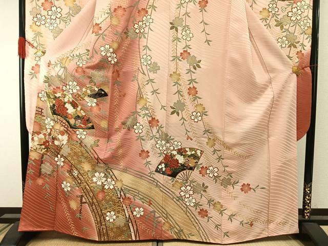 平和屋着物●豪華振袖　駒刺繍　扇面花鳥文　暈し染め　金彩　正絹　逸品　AABI1755fy