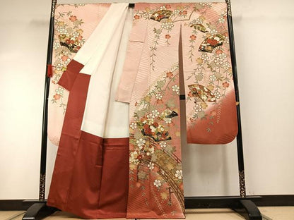 平和屋着物●豪華振袖　駒刺繍　扇面花鳥文　暈し染め　金彩　正絹　逸品　AABI1755fy