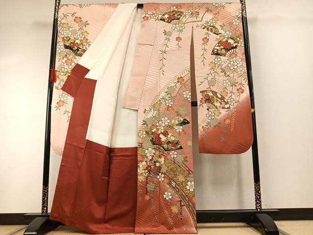 平和屋着物●豪華振袖　駒刺繍　扇面花鳥文　暈し染め　金彩　正絹　逸品　AABI1755fy