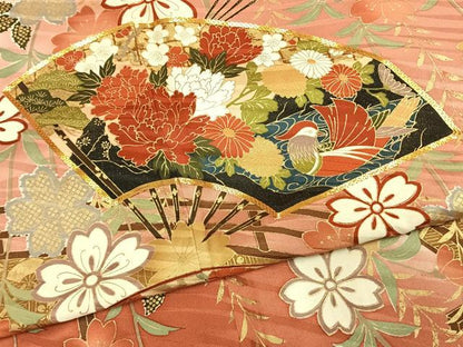 平和屋着物●豪華振袖　駒刺繍　扇面花鳥文　暈し染め　金彩　正絹　逸品　AABI1755fy