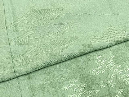 平和屋着物●無地絵羽訪問着　中国三大刺繍　汕頭刺繍　スワトウ刺繍　相良刺繍　総刺繍　風景地紋　薄萌葱色　正絹　逸品　AABI1763fy