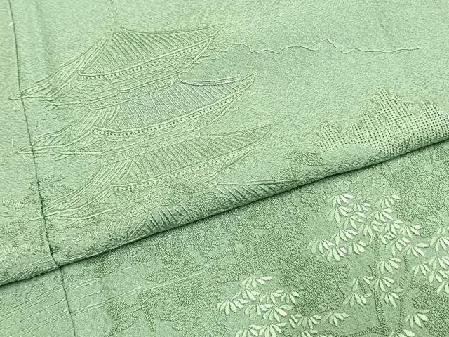 平和屋着物●無地絵羽訪問着　中国三大刺繍　汕頭刺繍　スワトウ刺繍　相良刺繍　総刺繍　風景地紋　薄萌葱色　正絹　逸品　AABI1763fy