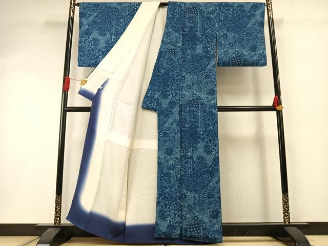 平和屋着物●上質な小紋　藍　切嵌更紗花文　正絹　逸品　AABI1769fy