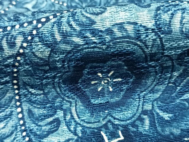 平和屋着物●上質な小紋　藍　切嵌更紗花文　正絹　逸品　AABI1769fy