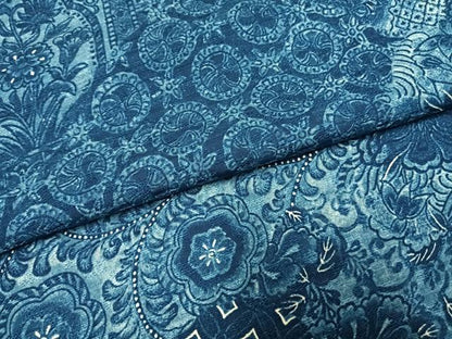 平和屋着物●上質な小紋　藍　切嵌更紗花文　正絹　逸品　AABI1769fy