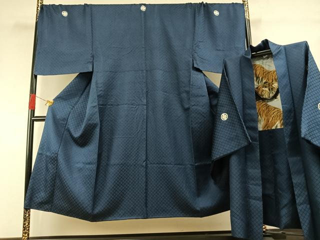 平和屋着物●男性　色紋付　羽織セット　菱地紋　青藍色　キングサイズ　正絹　逸品　AABI1771fy