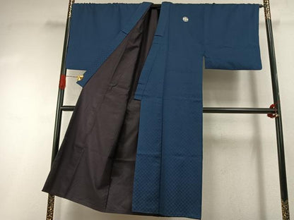 平和屋着物●男性　色紋付　羽織セット　菱地紋　青藍色　キングサイズ　正絹　逸品　AABI1771fy