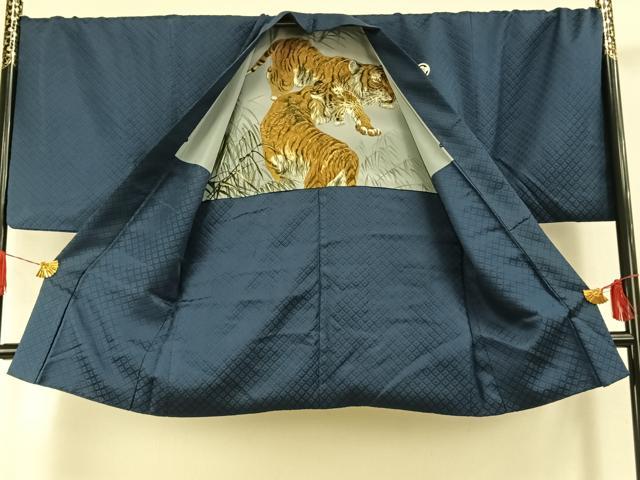 平和屋着物●男性　色紋付　羽織セット　菱地紋　青藍色　キングサイズ　正絹　逸品　AABI1771fy