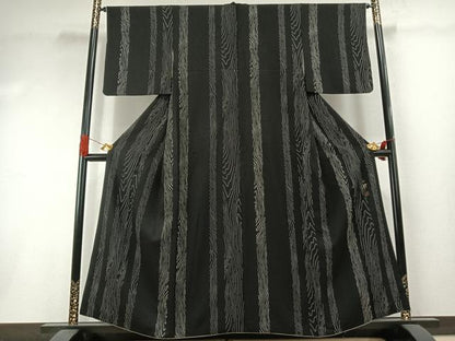 平和屋着物●染色作家　草野一騎　小紋　杢目間道　黒地　正絹　逸品　AABI1772fy