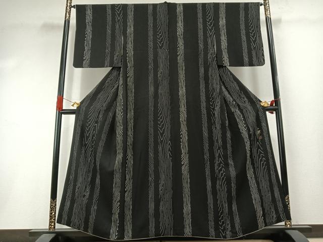 平和屋着物●染色作家　草野一騎　小紋　杢目間道　黒地　正絹　逸品　AABI1772fy