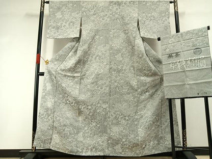 平和屋着物●山岡古都・古都染人　染織美術品　薬墨染　天目織　お召　草花文　反端付き　正絹　逸品　AABI1794fy
