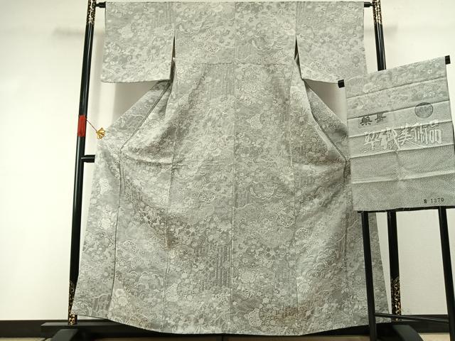 平和屋着物●山岡古都・古都染人　染織美術品　薬墨染　天目織　お召　草花文　反端付き　正絹　逸品　AABI1794fy