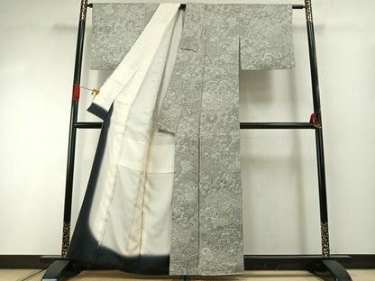 平和屋着物●山岡古都・古都染人　染織美術品　薬墨染　天目織　お召　草花文　反端付き　正絹　逸品　AABI1794fy