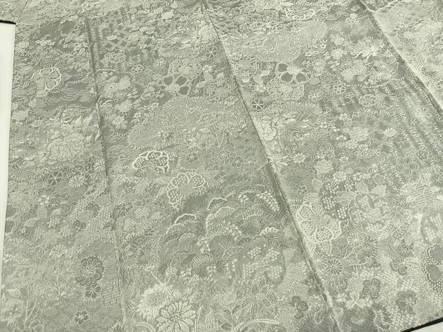 平和屋着物●山岡古都・古都染人　染織美術品　薬墨染　天目織　お召　草花文　反端付き　正絹　逸品　AABI1794fy