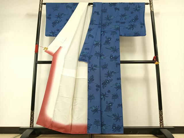 平和屋着物●上質な小紋　藍　紅型　花鳥文　正絹　逸品　AABI1795fy