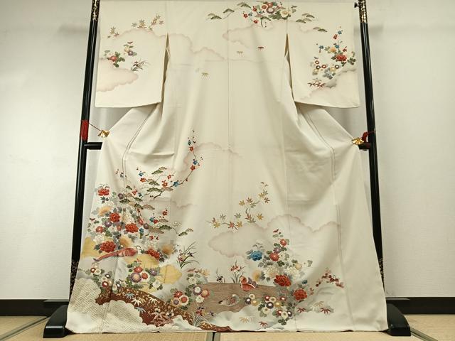 平和屋着物●訪問着　駒刺繍　花鳥文　金糸　金彩　ロング丈　正絹　逸品　AABI1796fy