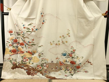 平和屋着物●訪問着　駒刺繍　花鳥文　金糸　金彩　ロング丈　正絹　逸品　AABI1796fy