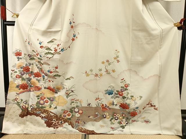 平和屋着物●訪問着　駒刺繍　花鳥文　金糸　金彩　ロング丈　正絹　逸品　AABI1796fy
