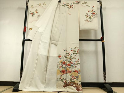 平和屋着物●訪問着　駒刺繍　花鳥文　金糸　金彩　ロング丈　正絹　逸品　AABI1796fy