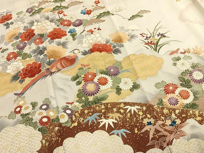 平和屋着物●訪問着　駒刺繍　花鳥文　金糸　金彩　ロング丈　正絹　逸品　AABI1796fy