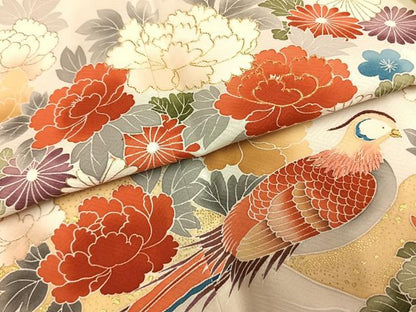 平和屋着物●訪問着　駒刺繍　花鳥文　金糸　金彩　ロング丈　正絹　逸品　AABI1796fy