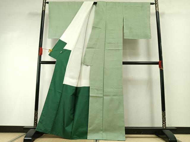 平和屋着物●結城紬　奥順　はたおり娘　飛び亀甲柄　薄萌葱色　証紙付き　正絹　逸品　未使用　AABI1817fy