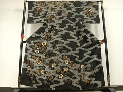 平和屋着物●訪問着　絞り　刺繍　辻が花　黒地　金通し地　正絹　逸品　AABI1818fy