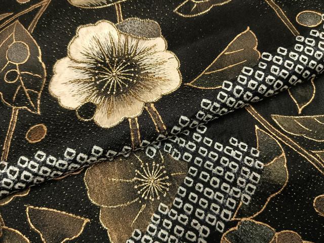 平和屋着物●訪問着　絞り　刺繍　辻が花　黒地　金通し地　正絹　逸品　AABI1818fy