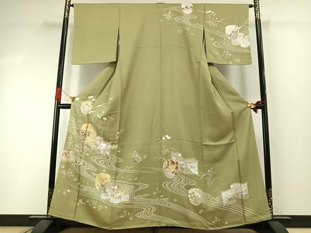 平和屋着物●訪問着　友禅　駒刺繍　草花文　金彩　正絹　逸品　未使用　AABI1820fy